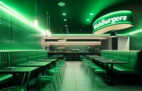 Empty Wahlburgers dining room with green neon lighting and booths