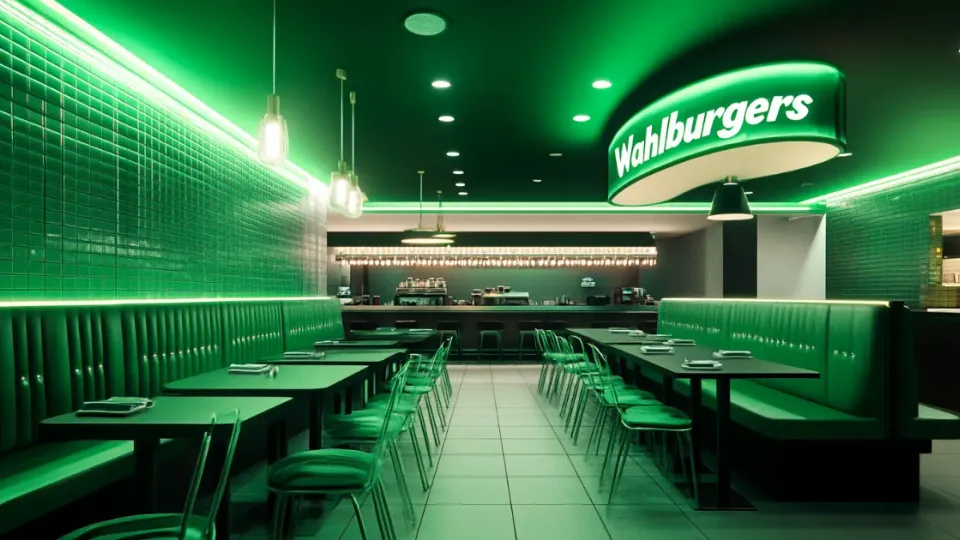 Empty Wahlburgers dining room with green neon lighting and booths