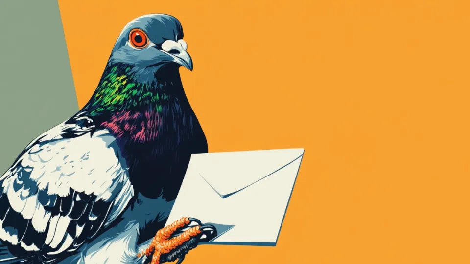 Illustrated homing pigeon perched holding a white envelope in its claws