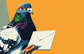 Illustrated homing pigeon perched holding a white envelope in its claws