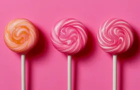 Three swirled pink and orange lollipops on pink background