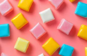 Colorful unwrapped square chew candies scattered on a pink surface