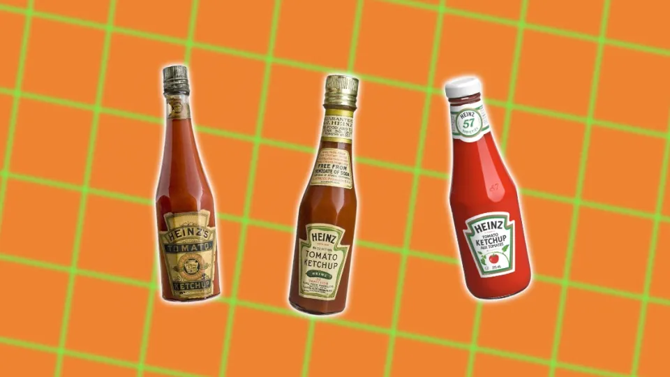 Three Heinz tomato ketchup bottles from antique glass to modern plastic squeeze bottle