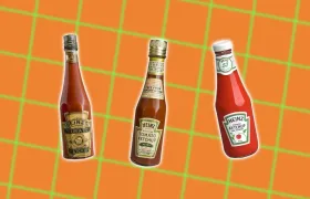 Three Heinz tomato ketchup bottles from antique glass to modern plastic squeeze bottle