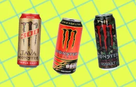 Discontinued Monster flavors Java Monster 300 Mocha, Lewis Hamilton 44, and camo Assault cans