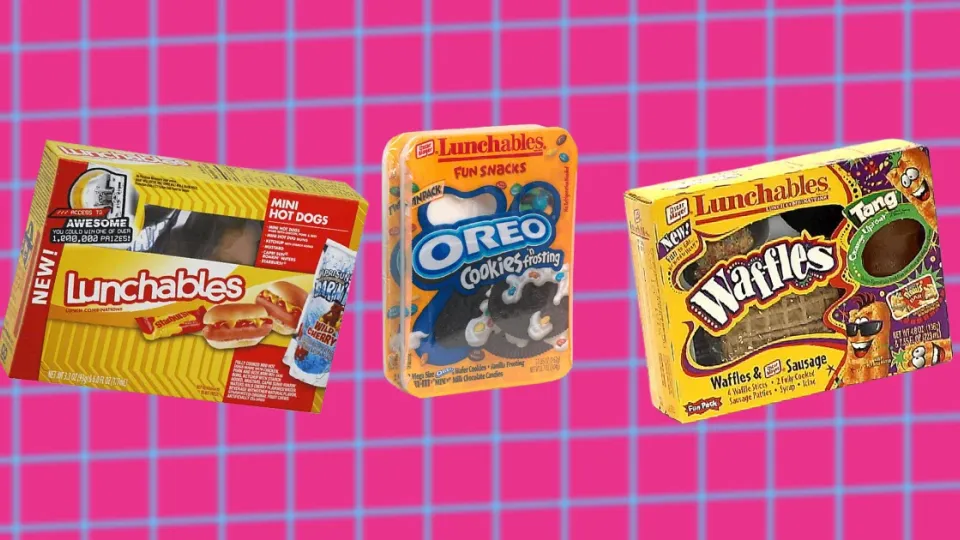Three vintage Lunchables boxes for mini hot dogs, Oreo, and waffles