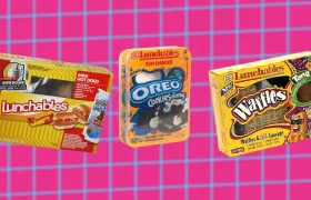 Three vintage Lunchables boxes for mini hot dogs, Oreo, and waffles