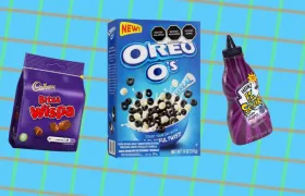 Cadbury Wispa bag, Oreo O's cereal box and purple Heinz EZ Squirt bottle