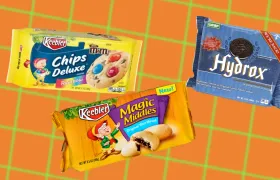 Discontinued Keebler cookies packages including Chips Deluxe Rainbow with M&M's, Magic Middles shortbread, and Leaf Brands' revived Hydrox