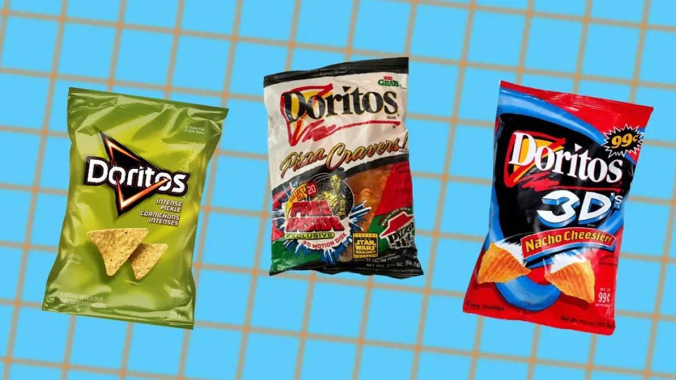 Three vintage Doritos bags for Intense Pickle, Pizza Cravers, and 3D Nacho