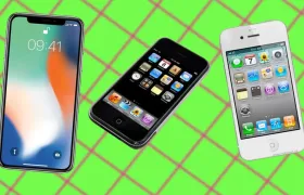 iPhone X, early iPhone and white iPhone 4 on green background