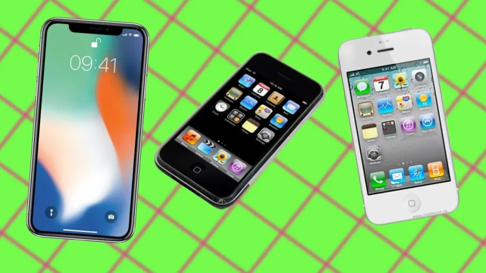 iPhone X, early iPhone and white iPhone 4 on green background