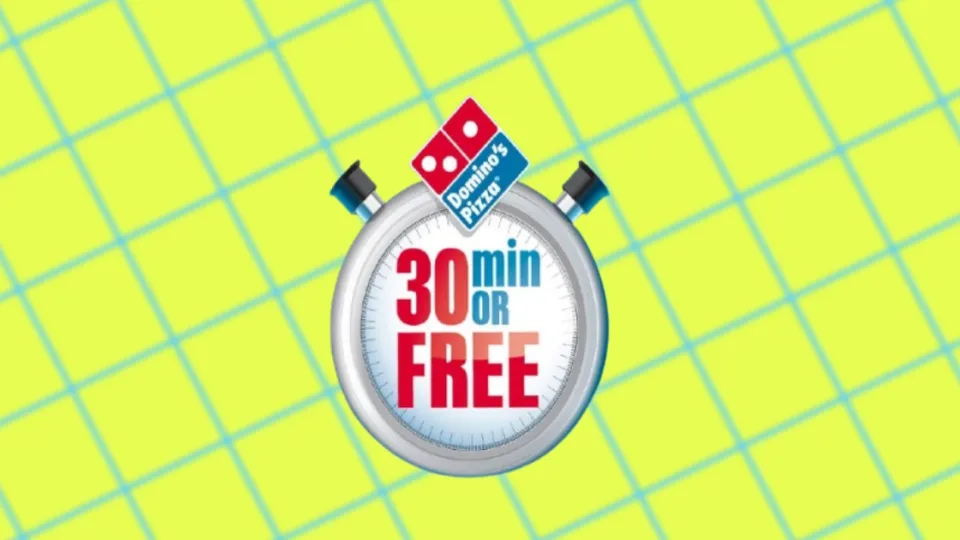Domino's 30 minutes or free stopwatch logo on yellow grid
