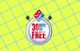 Domino's 30 minutes or free stopwatch logo on yellow grid