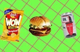Lay's WOW chips bag, McDonald's Arch Deluxe burger and OK Soda can
