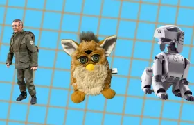 Vintage G.I. Joe figure, Furby, and Sony AIBO robot dog