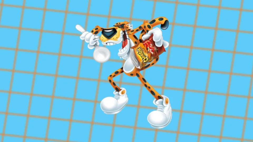 Chester Cheetah cartoon mascot holding a Cheetos bag on blue grid