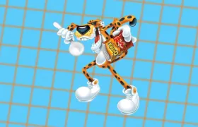 Chester Cheetah cartoon mascot holding a Cheetos bag on blue grid