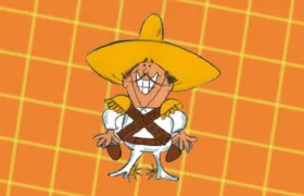 Frito Bandito cartoon mascot in yellow sombrero with crossed bandoliers