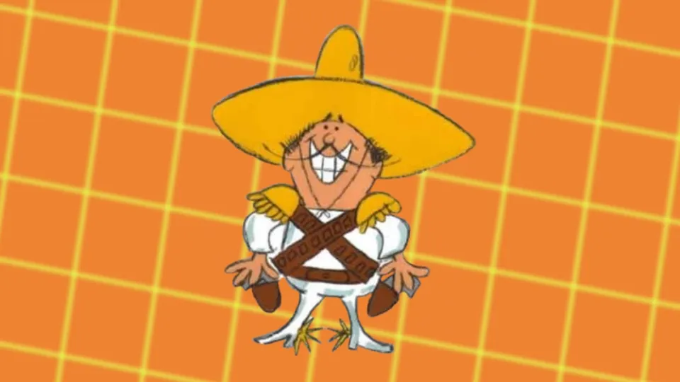 Frito Bandito cartoon mascot in yellow sombrero with crossed bandoliers