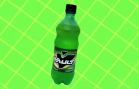 Green Vault citrus soda bottle with black and green label