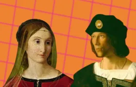 Renaissance portraits of a woman in a red gown and a man in a green hat