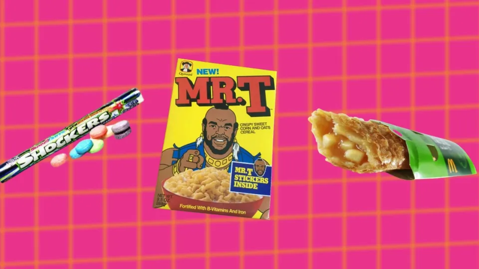 Shockers candy roll, Mr. T cereal box, and McDonald's apple pie