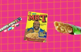 Shockers candy roll, Mr. T cereal box, and McDonald's apple pie