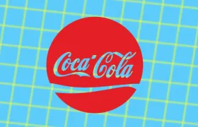 Coca-Cola script logo in red circle on blue grid background