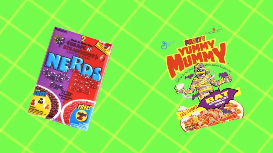 Ralston Nerds cereal box beside a Fruity Yummy Mummy box