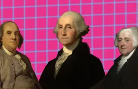 Benjamin Franklin, George Washington and John Adams portraits on pink