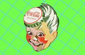 Vintage Sprite Boy die-cut sign with bottle cap hat and white hair