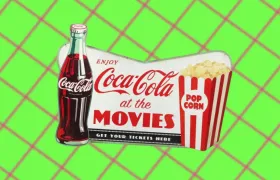 Vintage Coca-Cola at the Movies metal sign with bottle and popcorn box