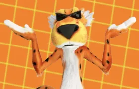 Chester Cheetah mascot shrugging in sunglasses on orange grid background
