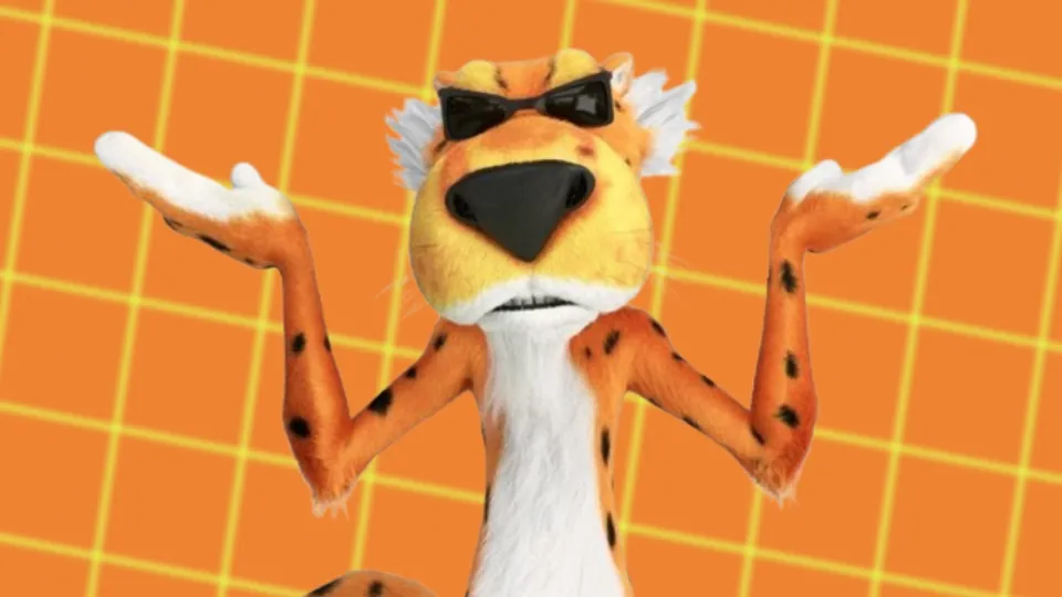 Chester Cheetah mascot shrugging in sunglasses on orange grid background