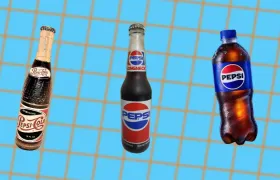 Three Pepsi bottles from vintage glass to modern plastic on blue
