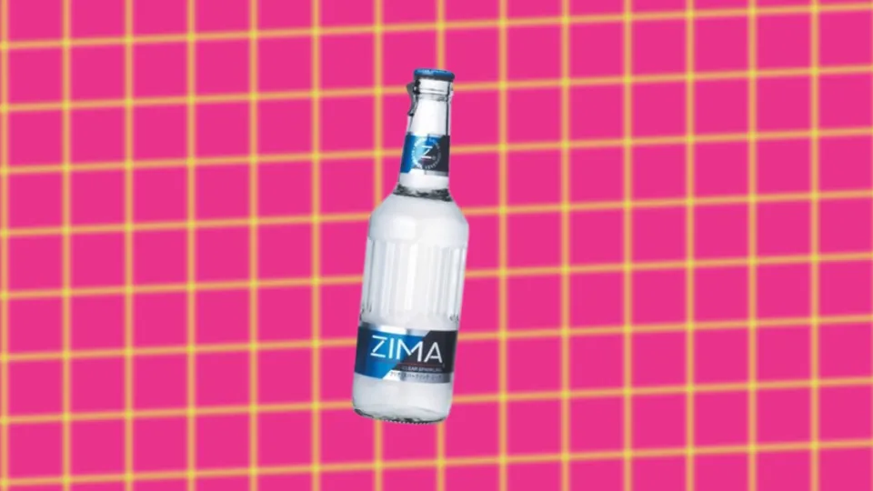 Zima clear malt beverage bottle on pink grid background