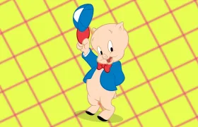 Porky Pig cartoon tipping blue hat wearing red bowtie