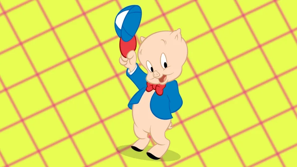 Porky Pig cartoon tipping blue hat wearing red bowtie