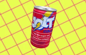 Red Jolt Cola can with lightning bolt logo and caffeine slogan