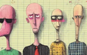 Cartoon illustration of four bald characters standing in a row