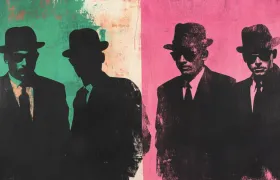 Pop art silhouettes of fedora-wearing men in suits on pink and green