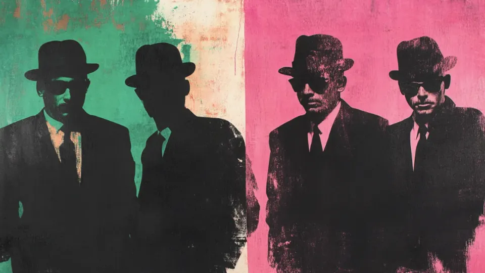 Pop art silhouettes of fedora-wearing men in suits on pink and green