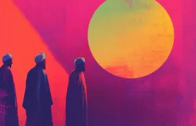 Three turbaned Islamic scholars in profile silhouette beneath a glowing sun