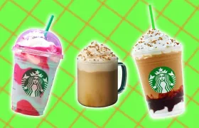 Three Starbucks drinks — Unicorn Frappuccino, whipped-cream latte mug and layered Frappuccino