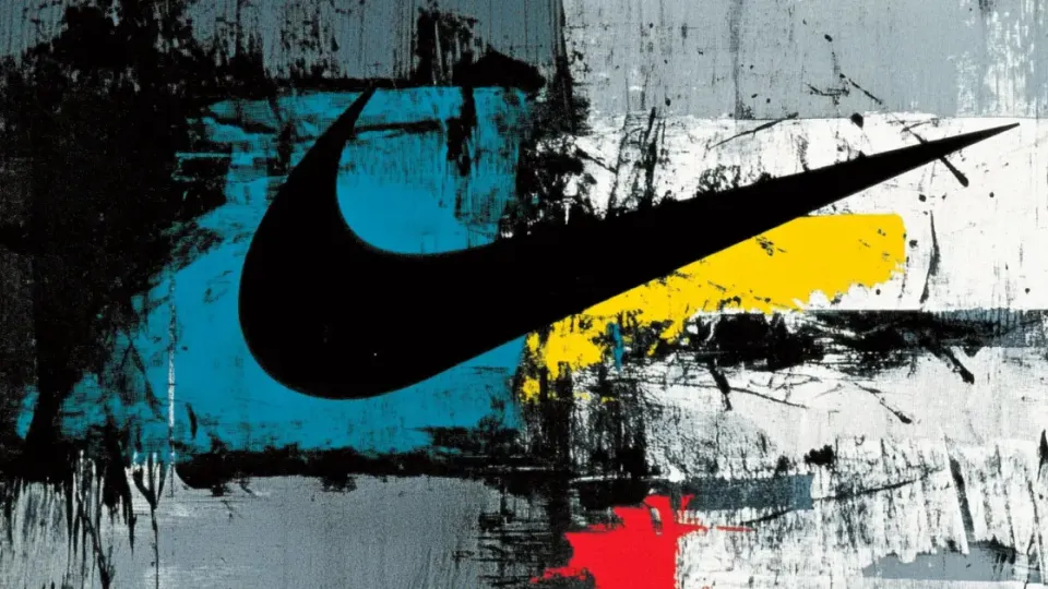 Black Nike swoosh logo over distressed abstract paint background