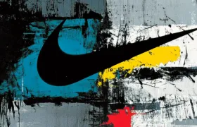 Black Nike swoosh logo over distressed abstract paint background