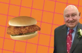 S. Truett Cathy portrait beside a Chick-fil-A chicken sandwich