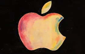 Watercolor Apple logo in rainbow colors on black background