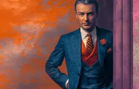 Illustrated portrait of man in blue three-piece suit with orange tie